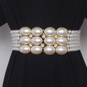 Lujo Retro Full Pearl Diamond Hebilla Elástico Wid Cintura Cadena Mujeres Pearl Belt - Product Image 3