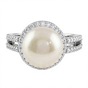 Pearl and <b>Cz</b> <b>Ring</b> in 925 Sterling Silver with Round Brilliant Cut <b>CZ</b> Prong and Claw Setting for Women's Wedding Jewelry - Product Image 1