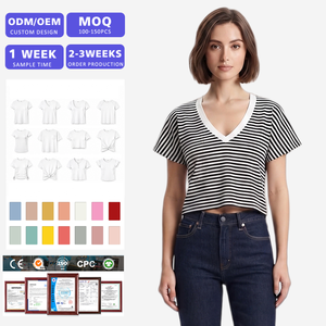 Camiseta Corta a Rayas con Cuello en V para Mujer, con Ribete Blanco en Contraste, Manga Corta, Holgada, de Algodón Suave, Informal, para Verano, BSCI OEM - Product Image 1