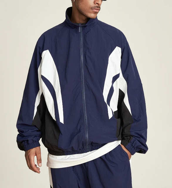 Factory Custom Lightweight Patchwork 100% Recycled Polyester Zip up Oversized Track Sports Racing  Windbreaker Jacket for Men
