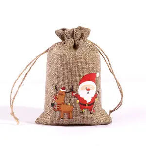 Saco de presente de Natal reciclado por atacado de fábrica saco de doces de Natal com estampa de material de juta
