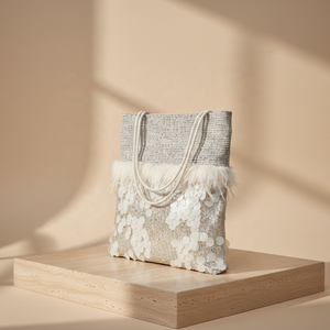 Luxury White Tweed Open Tote <strong>Bag</strong> Ostrich Feather Trim Large Sequin Patchwork Handbag Wedding Bridal Gift Party Custom Logo - Product Image 5