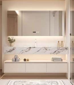 Vasque intégrée en pierre de style minimaliste moderne, série blanche haut de gamme, meuble-lavabo de salle de bain avec miroir intelligent extra large - Product Image 3
