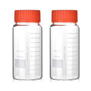 Botella de Vidrio Redonda de Laboratorio de Boca Ancha de 1000 ml con Tapa Grande de Rosca Azul - Product Image 1