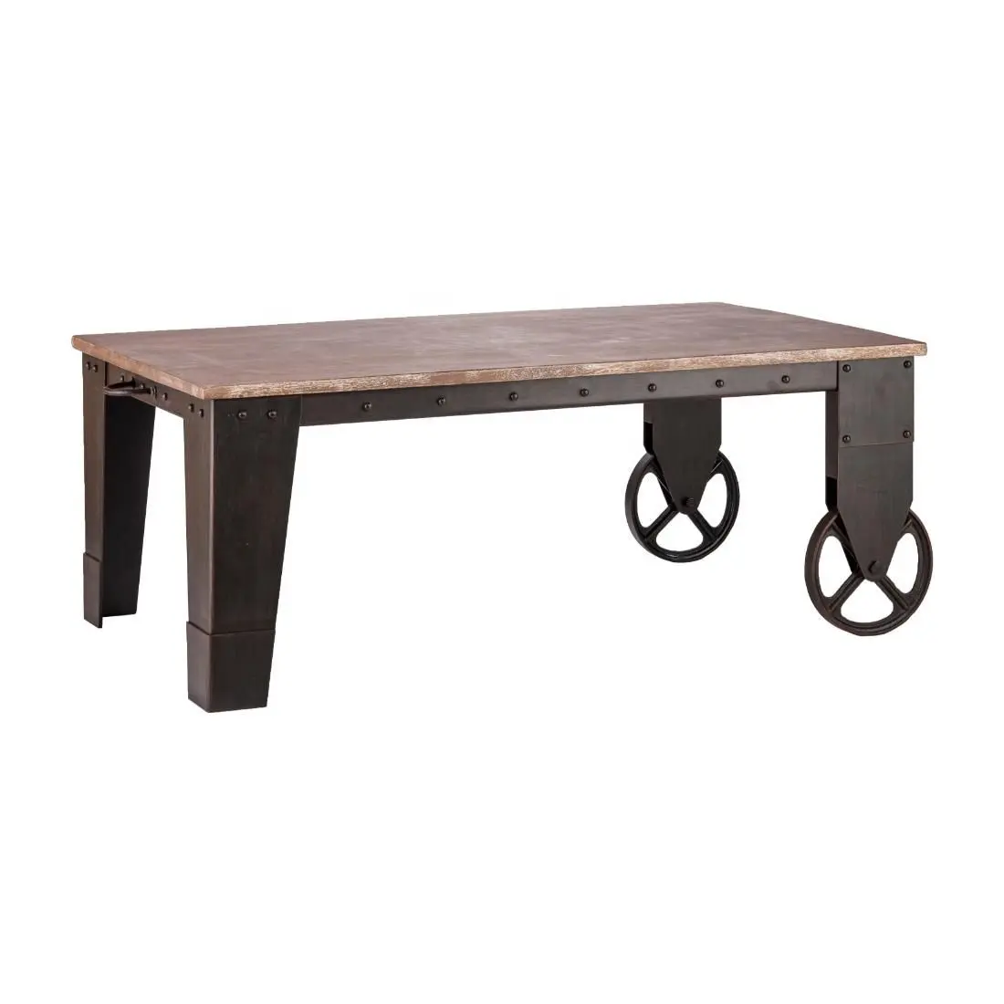Industrial Coffee Table With Metal And Mango Solid Wood On Wheels