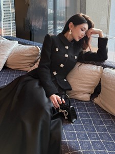 Abito da Donna <span class=keywords><strong>in</strong></span> <span class=keywords><strong>Tweed</strong></span> Nero di Alta Qualità Nuovo Materiale Autunno Inverno Elegante a Maniche Lunghe con Collo Alto - Product Image 2