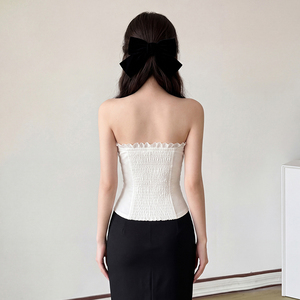T-1908 Corset en tissu tissé respirant avec dentelle et nœud pour femme - <span class=keywords><strong>Bustier</strong></span> sexy <span class=keywords><strong>sans</strong></span> bretelles à dos froncé - Product Image 2