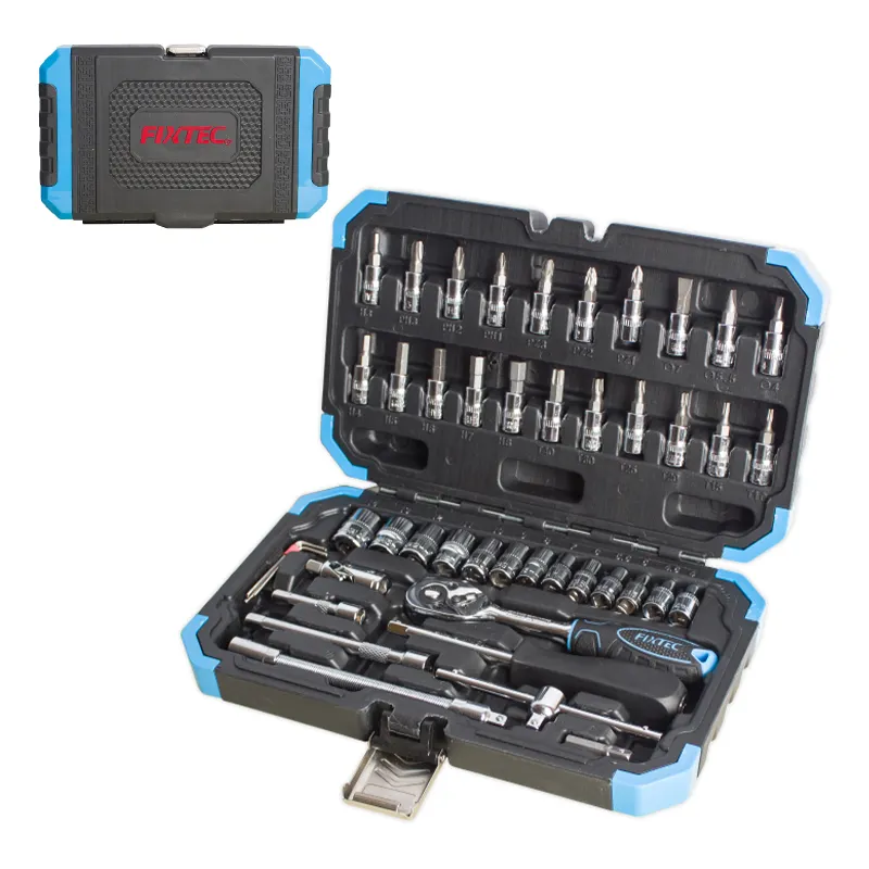 FIXTEC Socket Set 1/4 Inch Tools Set 46PCS Car Repair Tool Kits with Plastic Toolbox Storage Box Dismantle Kits
