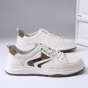 Papai – Baskets basses en cuir véritable pour homme, semelle épaisse de 30 mm, amortie, avec impression cuir et semelle en caoutchouc, chaussures de loisirs blanches - Product Image 1