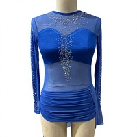 Costume de danse contemporaine pour femmes, bleu royal, avec strass, manches longues, dos découpé en maille, jupe asymétrique drapée