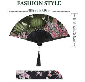 Éventails pliants floraux portables pour femmes, en soie et bambou, ajourés, avec pompon et étui en tissu coloré, pour décoration de mariage - Product Image 5