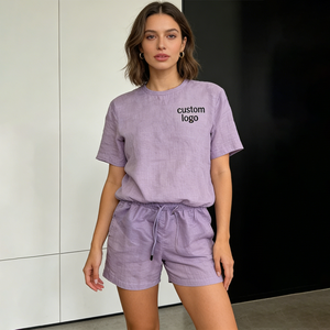 Completi Corti in <span class=keywords><strong>Lino</strong></span> da <span class=keywords><strong>Donna</strong></span> Personalizzabili: <span class=keywords><strong>T</strong></span>-<span class=keywords><strong>Shirt</strong></span> Girocollo e Pantaloncini con Coulisse in Vita – Set Casual per il Tempo Libero - Product Image 2
