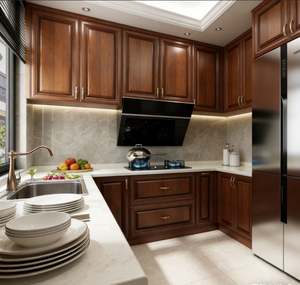 Gabinetes de Cocina de Madera Maciza Tallada de Lujo, Estilo Retro Europeo con Puerta de Vidrio y Estantes Superiores para Casa o Villa - Product Image 3