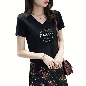 Camisetas holgadas de algodón de alta calidad con serigrafía personalizada, ropa informal de cuello grueso, camiseta de manga corta con cuello en V para mujer - Product Image 6