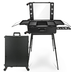 Factory Price Portable Trolley Salon <strong>Case</strong> 6 LED Light Free Standing Box With Stand Mirror Rolling Professional <strong>Barber</strong> <strong>Case</strong> - Product Image 1