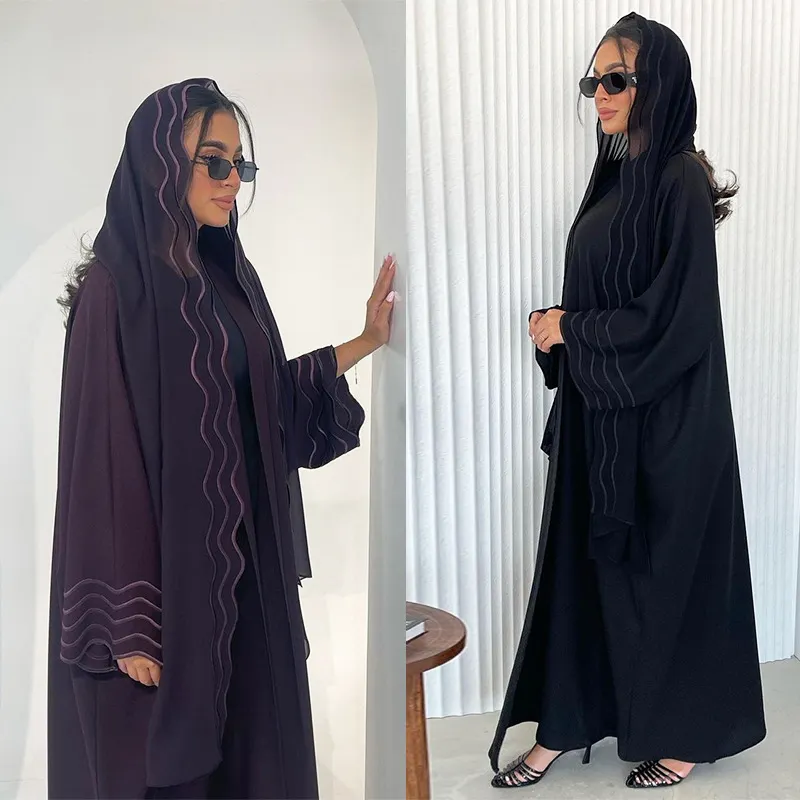 Nieuwe Zwarte Islamitische Dames Doek Bruiloft Open Abaya Set Effen Kleur Lange Mouw Zwart Open Abaya Dubai Met Borduurmotieven