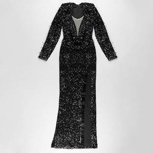 A5225 2024 nuovi arrivi <span class=keywords><strong>abito</strong></span> da donna con <span class=keywords><strong>paillettes</strong></span> <span class=keywords><strong>nero</strong></span> e collo a V Maxi abiti eleganti a spacco alto - Product Image 5