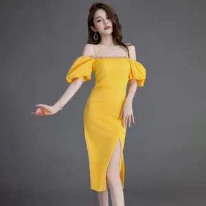 Zyht 20528 sexy tắt Vai Puff tay áo Bodycon Midi Slit Dresses màu vàng rhinestone trang trí Câu Lạc Bộ bên váy