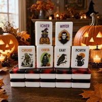 Ensemble de Mahjong américain sur le thème d'Halloween, 160 pièces, tuiles en acrylique rouge et noir imitation écaille de tortue avec motifs de chat noir, araignée, sorcière et citrouille