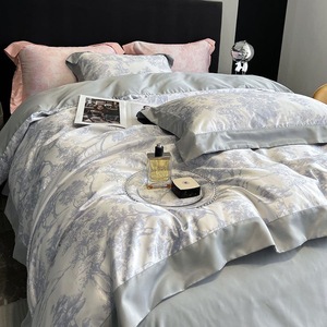 Parure de lit Tencel quatre pièces 1,8 m, housse de couette luxueuse et rafraîchissante avec motif plantes et fleurs, tissu tissé - Product Image 2