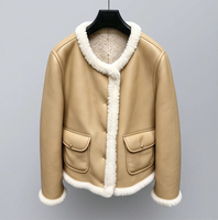 Veste courte chaude pour femme en similicuir jaune crème, col rond, boutons dorés, entièrement doublée en sherpa, coupe ample, vêtement d'extérieur d'hiver