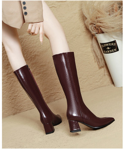 Mode femmes talons <span class=keywords><strong>bottes</strong></span> chaussures talon carré <span class=keywords><strong>bottes</strong></span> au genou quotidien élégant talon haut en <span class=keywords><strong>cuir</strong></span> PU extérieur chaussons courts pour dames - Product Image 6