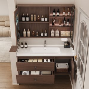 ชุดโต๊ะเครื่องแป้งห้องน้ำไม้วอลนัทดีไซน์โมเดิร์นกลางศตวรรษ พร้อมแผงประตูลายโครงกระดูก ที่จับลายทอง 2 ลิ้นชัก - Product Image 3