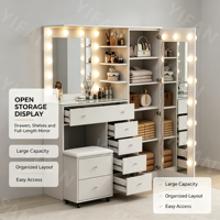 Ensemble table de maquillage moderne en MDF rose coiffeuse à 13 tiroirs miroir sur pied éclairé par LED pour la chambre à coucher et le salon