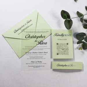 Tùy Chỉnh Màu Đen Foiling Rõ Ràng Acrylic Thiệp Mời Đám Cưới Với Bụng Ban Nhạc <span class=keywords><strong>Rsvp</strong></span> Và Bạc Hà Màu Xanh Lá Cây Phong Bì - Product Image 3