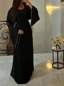 Robes élégantes en satin de qualité supérieure, modestes, col rond, manches évasées, dos à lacets, robe maxi à nouer à la taille, abaya, robe pour femmes musulmanes - Product Image 4