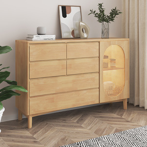Midcentury Modern Solid Wood Dresser With Rattan Panel Six Drawers Freestanding <b>Storage</b> <b>Cabinet</b> For Bedroom Living Room - Product Image 2