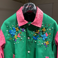 Blouson Bomber Décontracté Vert Rose Personnalisé avec Broderie Florale Contraste Printemps, Style Ample, pour Femme, Ornements Lourds en Cuir d'Autruche