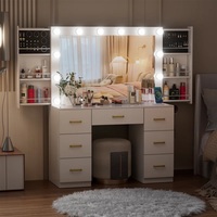 Coiffeuse moderne blanche avec miroir lumineux, pliable, pour chambre et salle de bain, avec tiroirs et éclairage