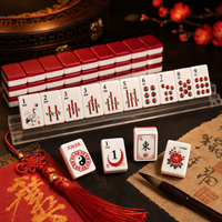 Set Ubin Mah Jongg Akrilik Lapis Ganda, Bagian Belakang Merah Tua, Motif Bambu Tradisional Yin Yang, Motif Naga Angin Joker Bunga