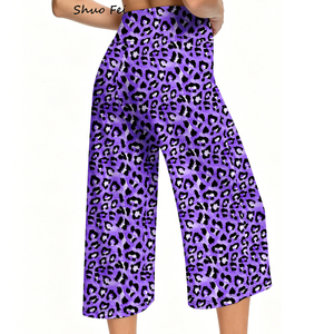 Pantalones Capri de Yoga para Mujer, con Estampado de Leopardo Morado Vibrante, Cintura Alta con Cordón, <span class=keywords><strong>Pierna</strong></span> Ancha, para Gimnasio y Uso Casual, Suaves - Product Image 2