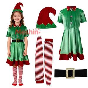 MS Christmas Elf Set Green Velvet Adult and Children Family Matching Outfits Shirt <b>Cosplay</b> Costume Wholesale - Product Image 4