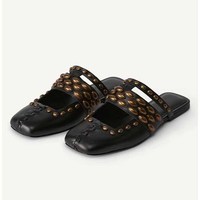 2025 femmes décontracté en cuir Mule chaussures avec rétro Rivet bout carré tissé sandales romaines Cool printemps et été pour pantoufles