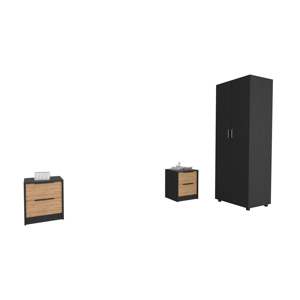 Ensemble de chambre à coucher London Armoire Egeo avec table de chevet en pin noir, 3 pièces - Product Image 2