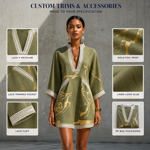 Vestido Kaftan Personalizado con Estampado de Lámina Dorada, Estilo Lino, Encaje de Ganchillo, Cuello en V, Manga Tres Cuartos, Bolsillos, Corte en A, para <span class=keywords><strong>Verano</strong></span> - Product Image 4