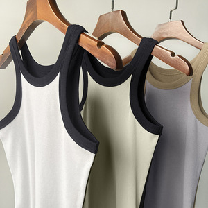 Fascia a contrasto in <span class=keywords><strong>cotone</strong></span> organico da <span class=keywords><strong>donna</strong></span> classica di base a coste stretta stretta a maglia canottiera da allenamento morbida canottiera - Product Image 1