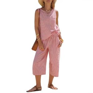 Conjunto de Camisa y Pantalones sin Mangas con Cuello Cuadrado y Rayas Tejidas para Mujer, Transpirable, Casual, Elegante, para Vacaciones de Verano y Playa - Product Image 6