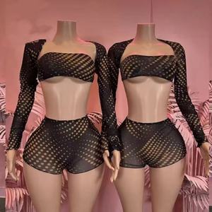 ZHEZHE Completo da <span class=keywords><strong>Donna</strong></span> 3 Pezzi Sexy con Stampa a Pois, Top a Fascia Senza Spalline con Maniche Lunghe in Rete, Shorts Sopra il Ginocchio, Coordinato Trendy - Product Image 1