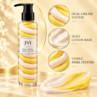Lotion corporelle double tourbillon jaune et blanc à marque privée avec système double crème visible, texture soyeuse et soin hydratant lissant