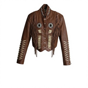 Chaqueta Bomber Nabtay Sports Marrón de Cuero Genuino con Flecos y Bordado de Cuentas, Cuello Alto, Resistente al Viento, para Mujer, Invierno - Product Image 1