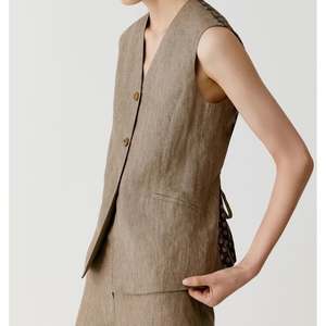 Ensemble <span class=keywords><strong>de</strong></span> <span class=keywords><strong>costume</strong></span> avec <span class=keywords><strong>gilet</strong></span> et blazer à armure toile en lin lavé pour femmes <span class=keywords><strong>de</strong></span> printemps personnalisé - Product Image 5