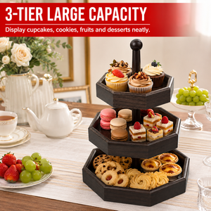 Support à gâteau octogonal à 3 niveaux en MDF - Tour à desserts en bois brun foncé pour mariage, fête, thé de l'après-midi, plateau de service pour cupcakes - Product Image 1