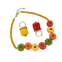 Mode Fruit Harsen Grappige Acryl Kleurrijke Schattige Pompoen Feest Ketting Verguld Geel Kraal Ketting Pompoen Ring Set Party