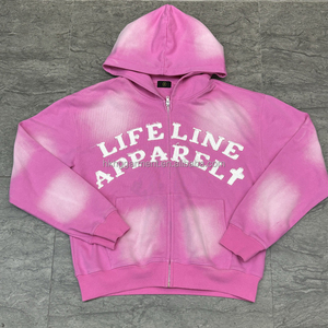 Clothing Manufacturer Custom Streetwear Vintage Heavy Weight Cotton Sun Faded distressed embroidery boxy Zip up <b>Acid</b> Wash Hoodie - Product Image 3