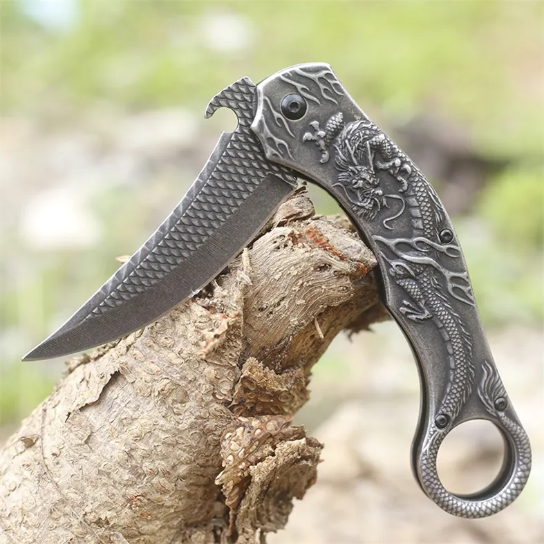 Steel Handle Claw Outdoor Folding Claw Camping High Hardness Claw 3D Dragon Relief Folding Knife Self-defense Field Pocket Knife