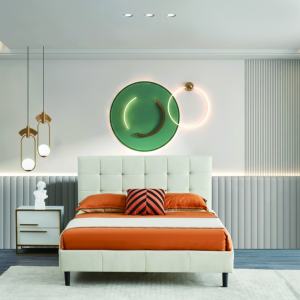 Meubles d'usine en gros Tête de <span class=keywords><strong>lit</strong></span> rembourrée nordique haute capitonnée en tissu blanc Queen King Size cadre de <span class=keywords><strong>lit</strong></span> pour <span class=keywords><strong>2</strong></span> personnes 1.6m - Product Image 1